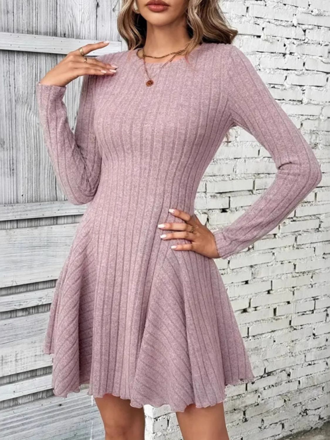 Ribbed Round Neck Long Sleeve Mini Dress - Lunaria