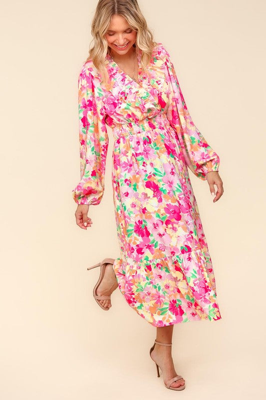 Haptics Full Size Floral Surplice Balloon Sleeve Dress with Side Pockets - Lunaria