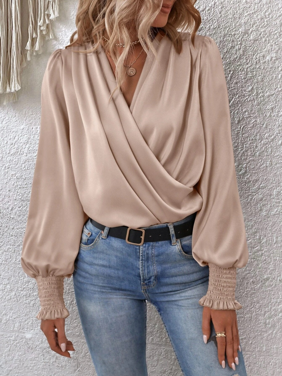 Surplice Smocked Lantern Sleeve Blouse - Lunaria