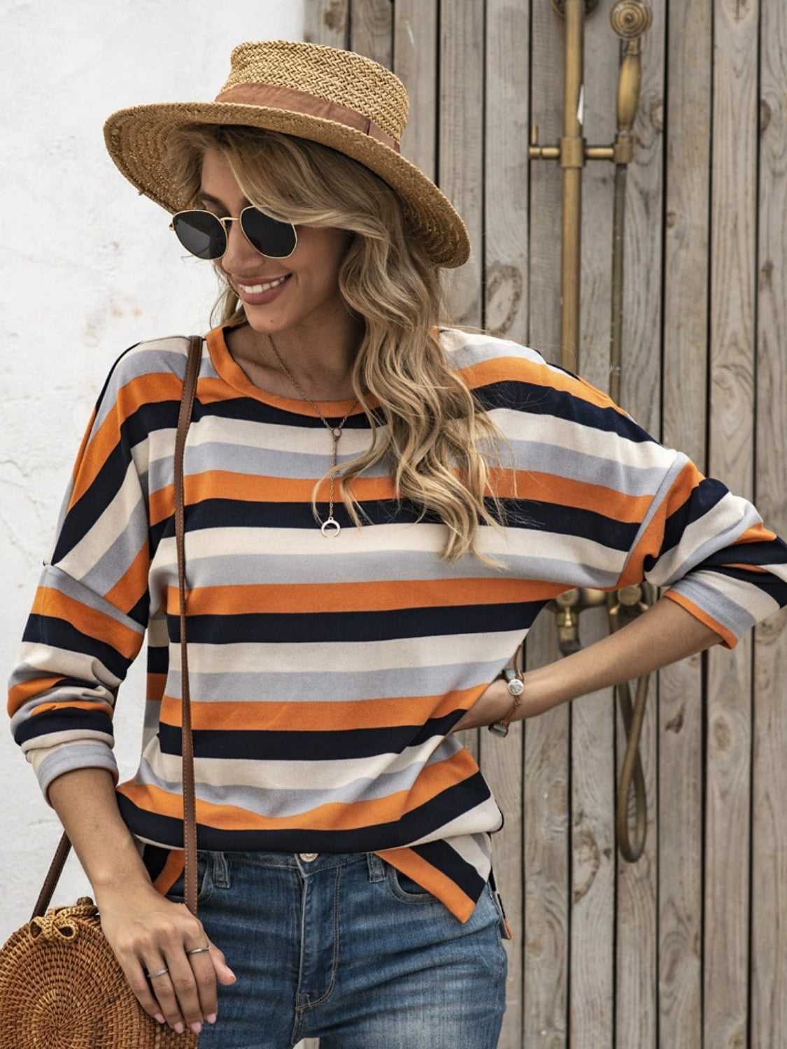 Full Size Striped Round Neck Long Sleeve T-Shirt Plus Size - Lunaria