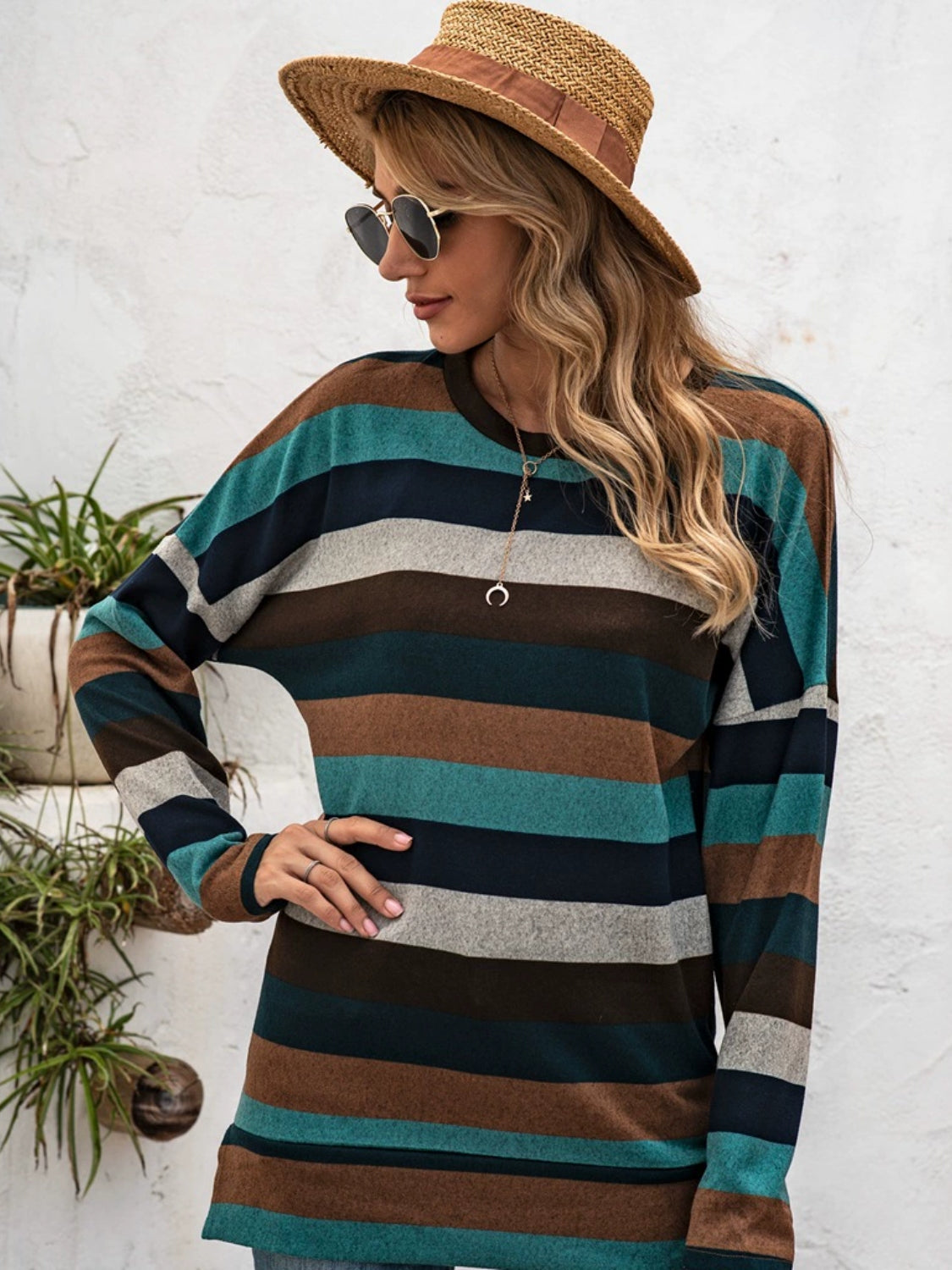 Full Size Striped Round Neck Long Sleeve T-Shirt Plus Size - Lunaria