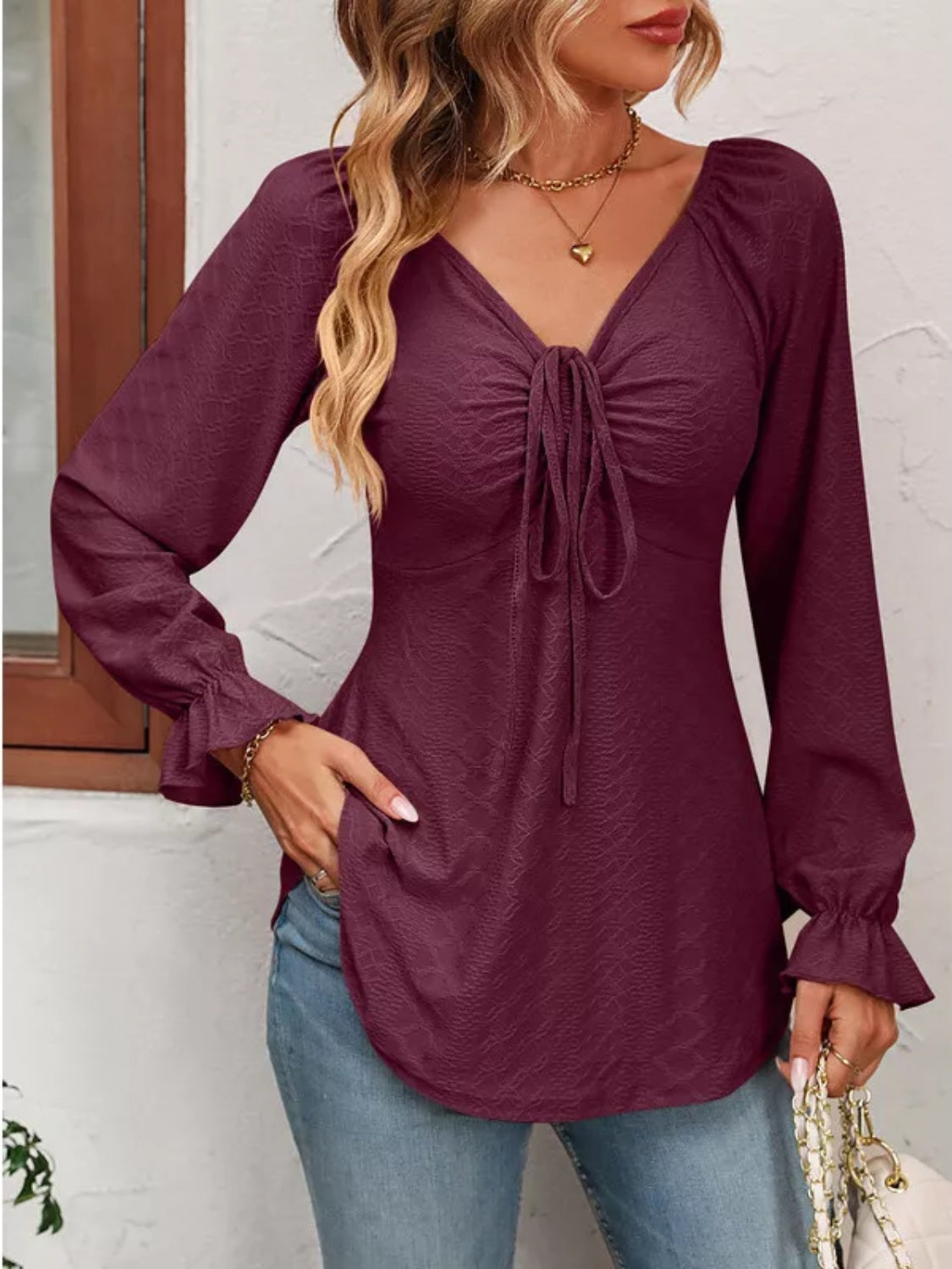 Full Size Drawstring Ruffled V-Neck Long Sleeve Blouse - Lunaria