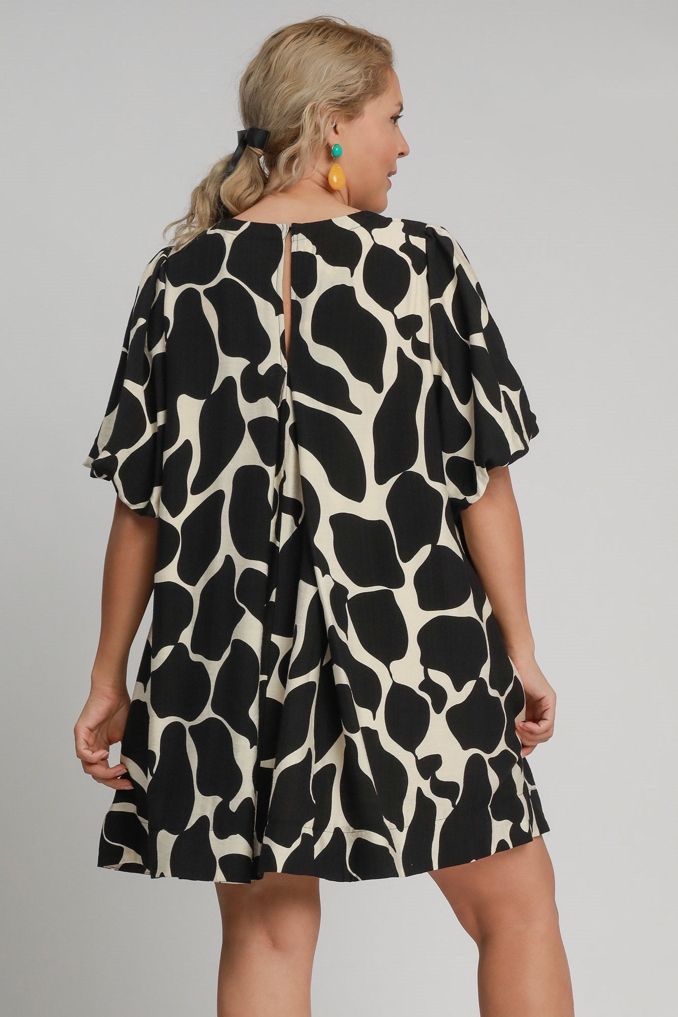 Umgee Full Size Two Tone Abstract Print Puff Sleeve Dress Plus Size - Lunaria