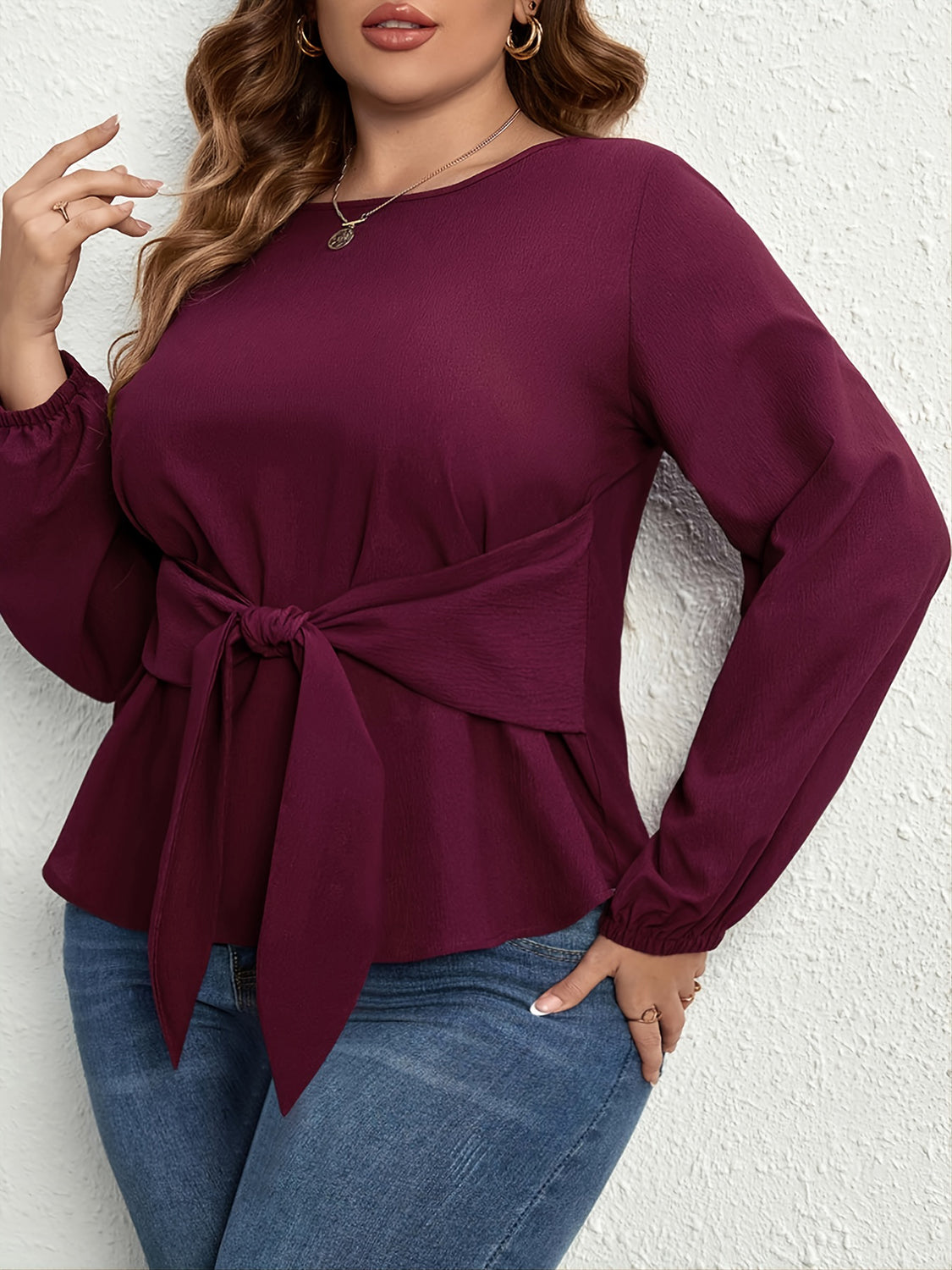 Plus Size Tie Front Long Sleeve Blouse - Lunaria