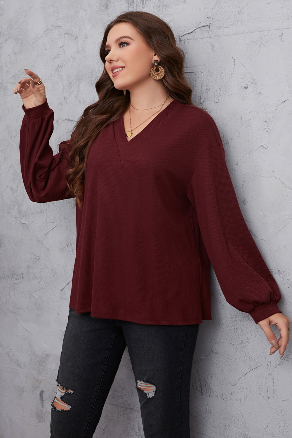 Honey Melo Apparel Plus Size V-Neck Dropped Shoulder Blouse - Lunaria