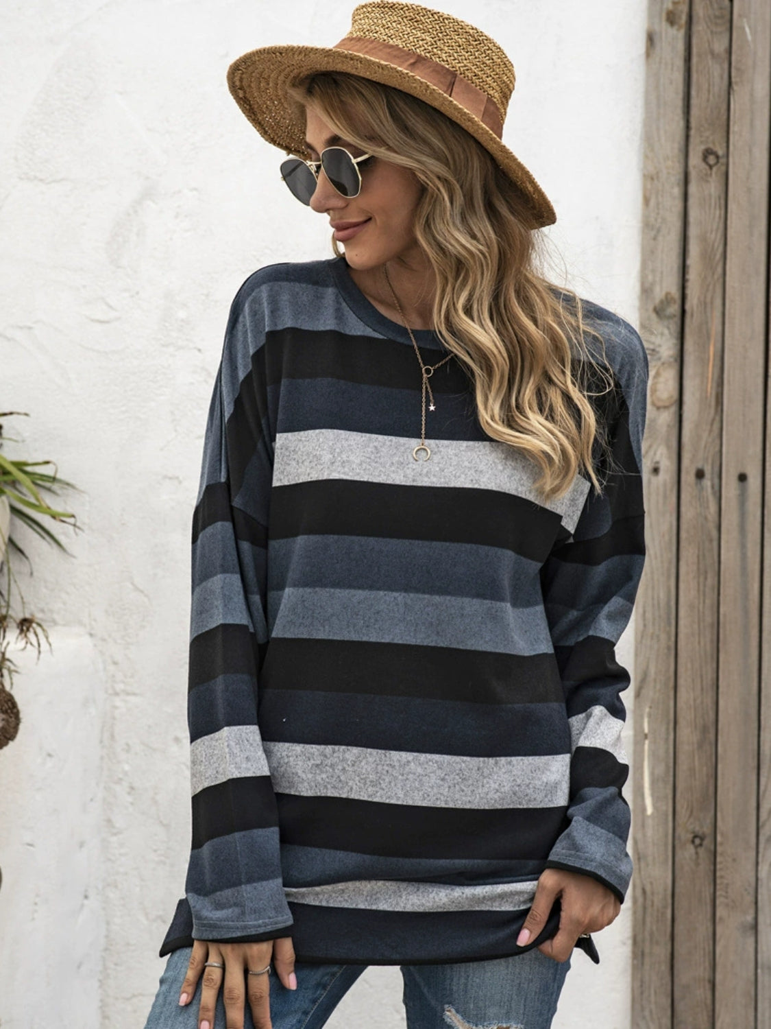 Full Size Striped Round Neck Long Sleeve T-Shirt Plus Size - Lunaria