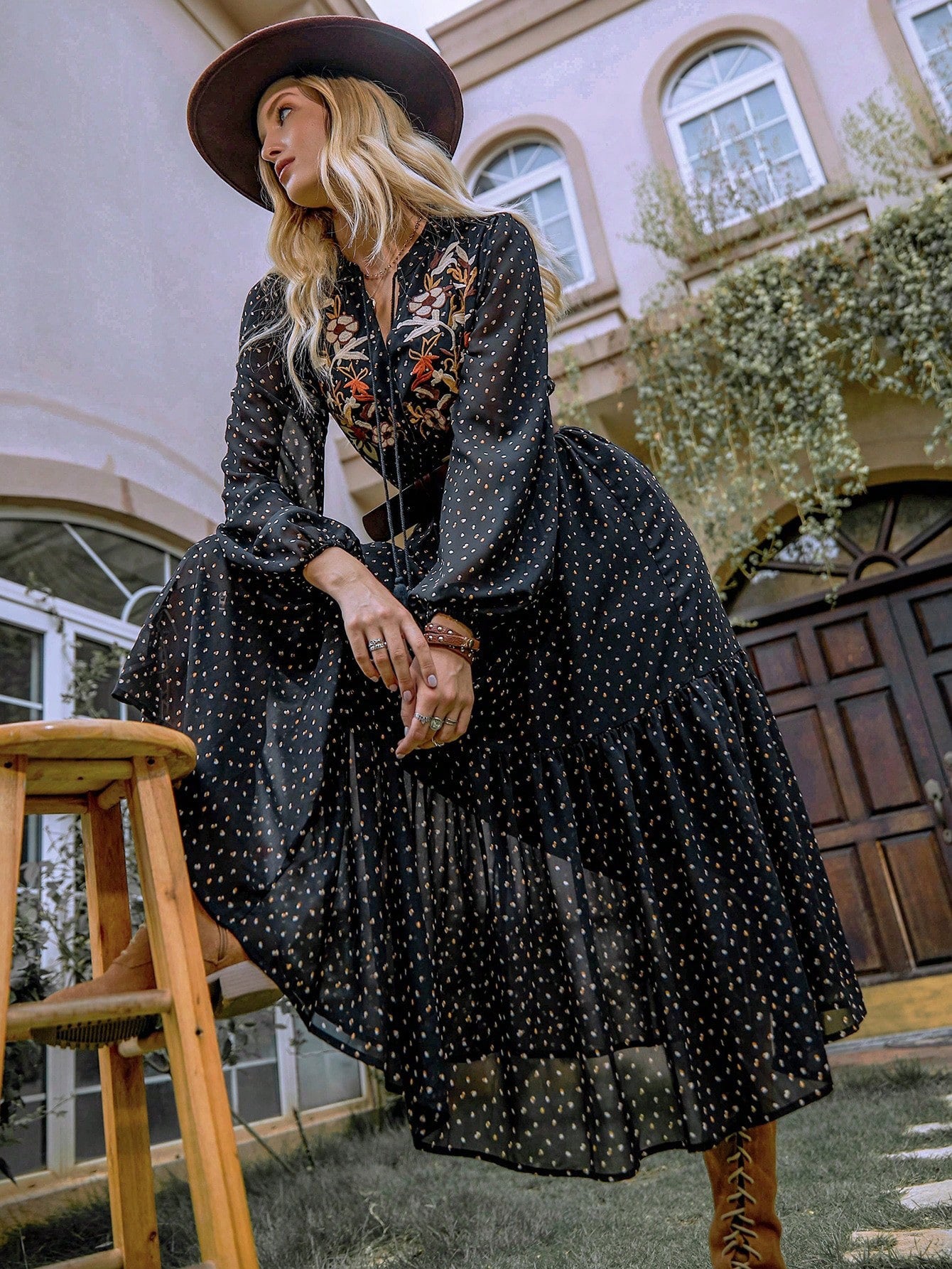 Embroidered Polka Dot Tie Neck Long Sleeve Midi Dress - Lunaria