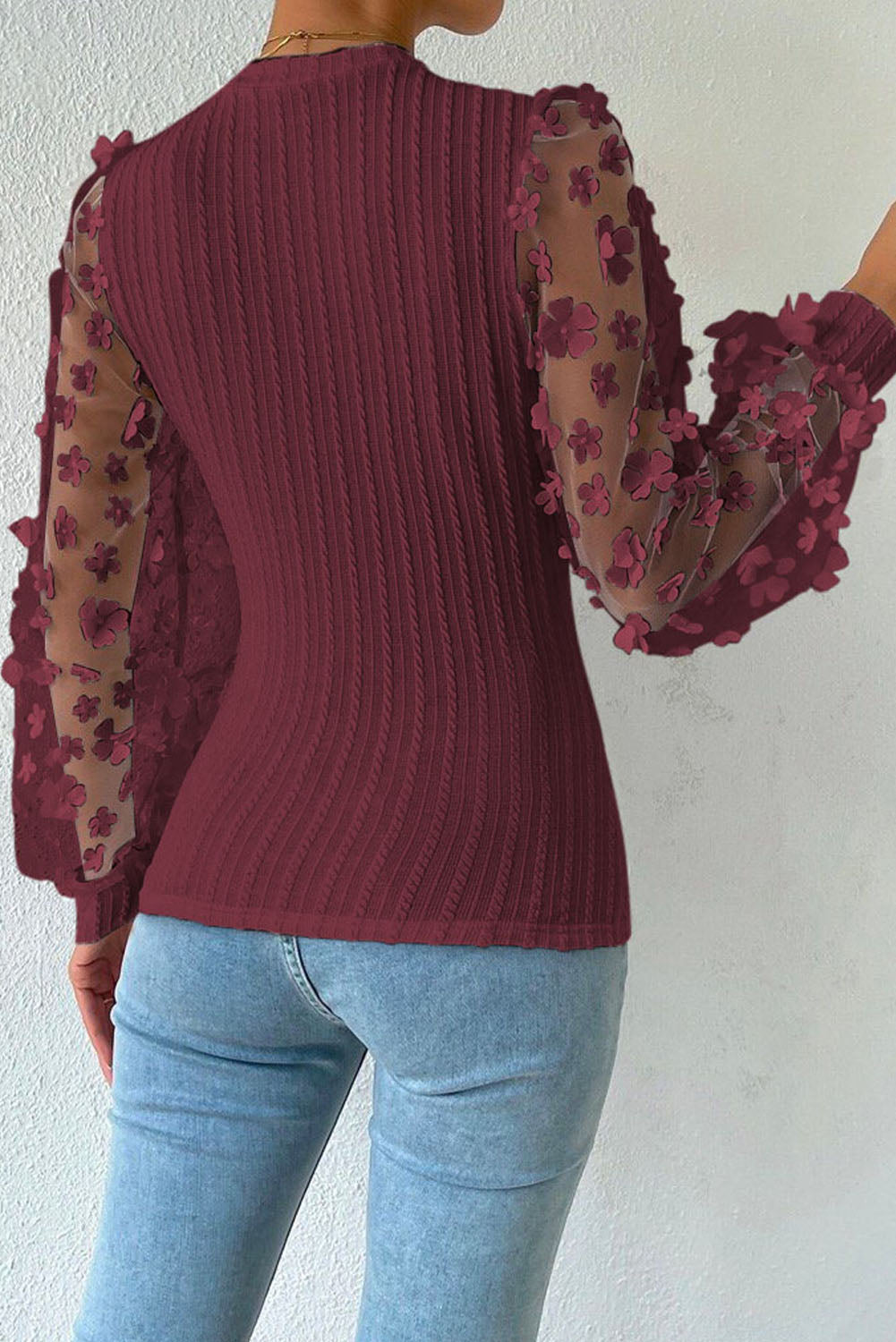 Textured Applique Long Sleeve Blouse - Lunaria