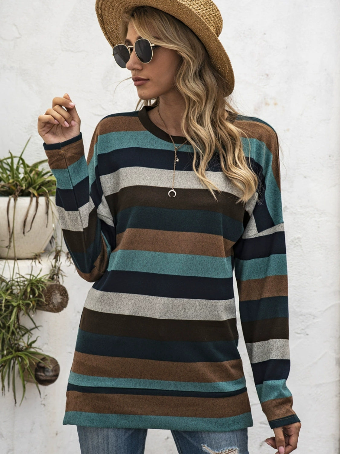 Full Size Striped Round Neck Long Sleeve T-Shirt Plus Size - Lunaria