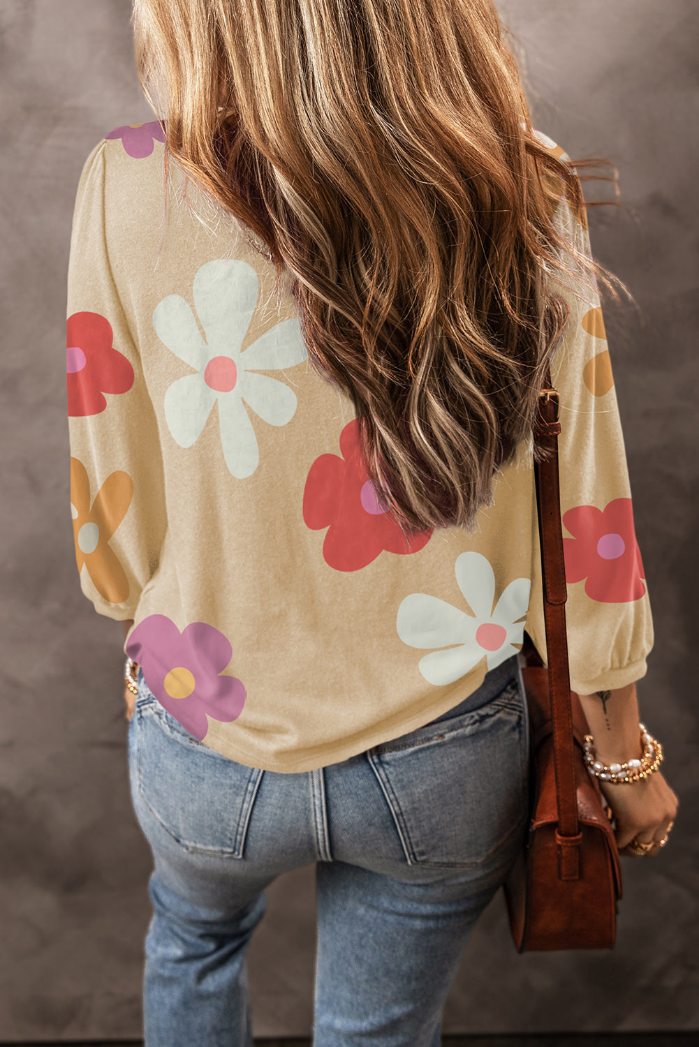 Flower Round Neck Long Sleeve Blouse - Lunaria