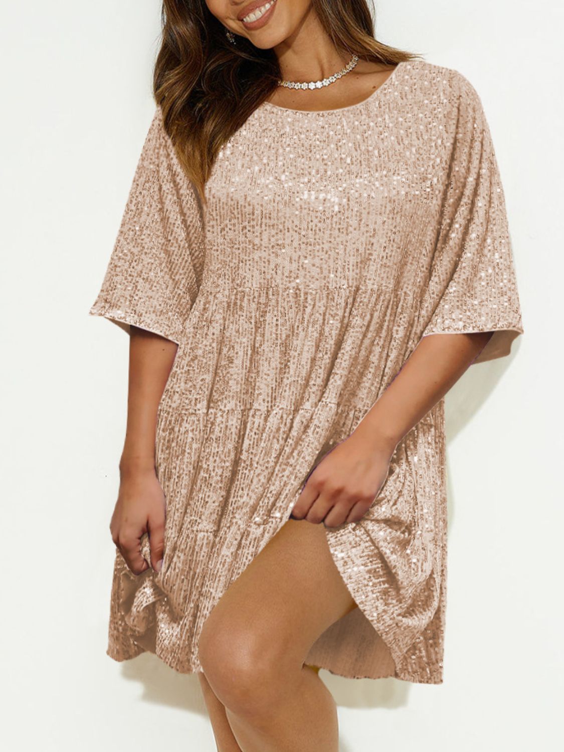 Sequin Round Neck Half Sleeve Mini Dress - Lunaria